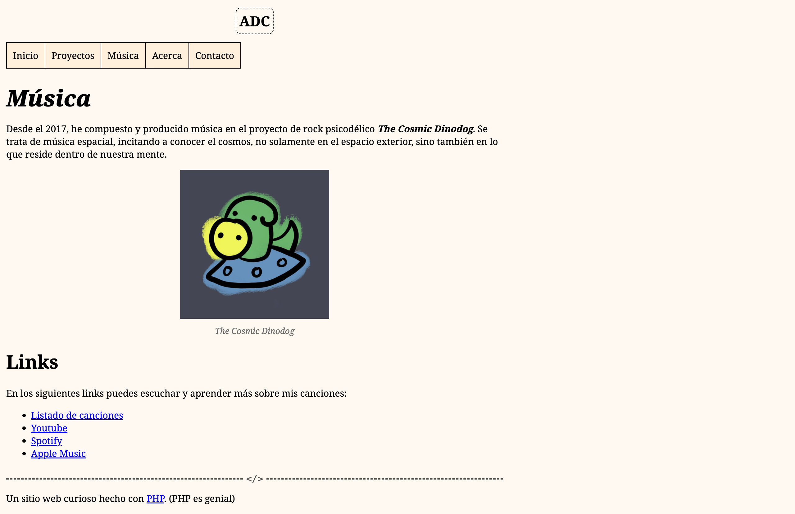 Music page of my personal website, with information about my songs