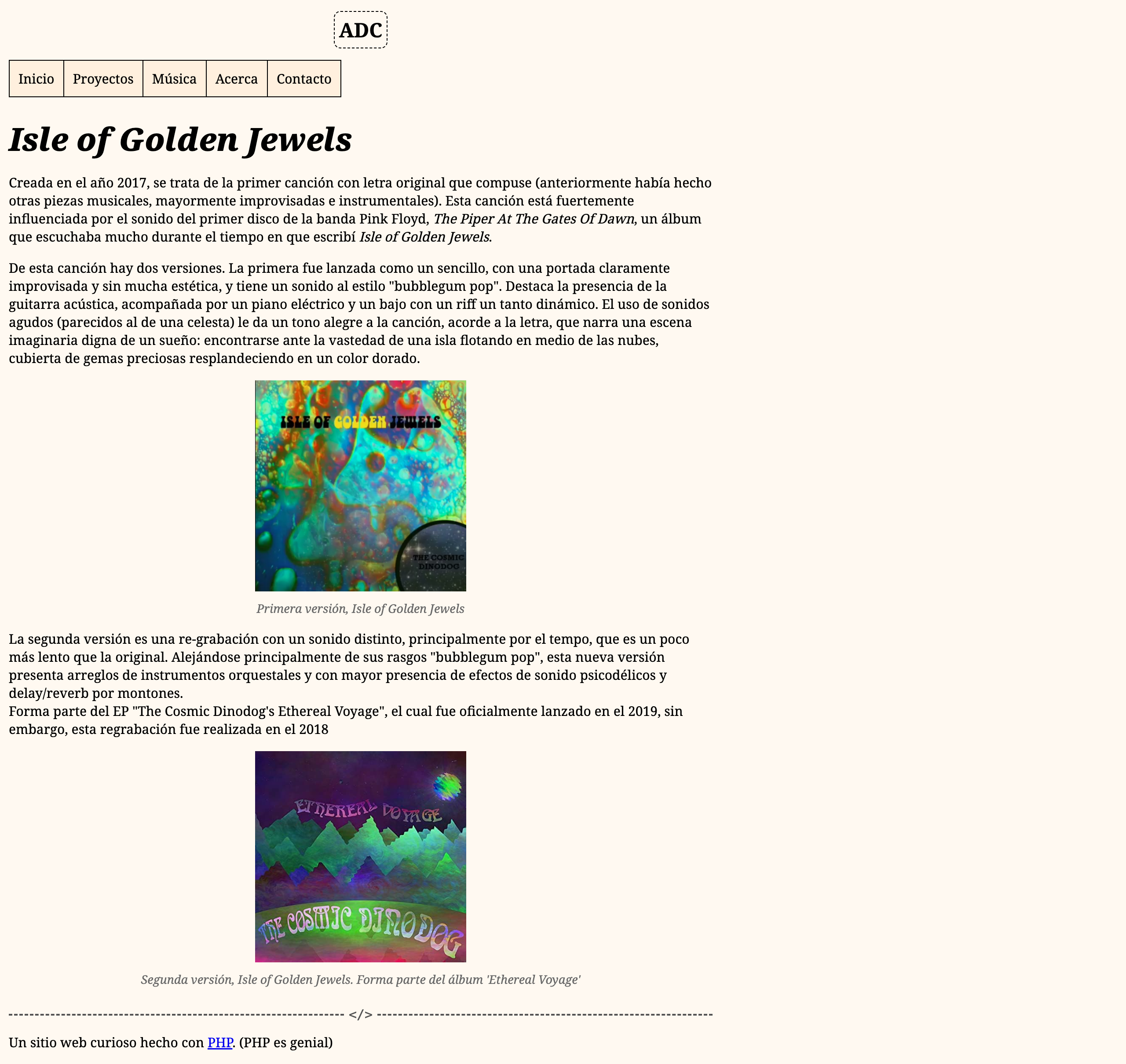 A song page made with Dinotext, with images, formatted text and hyperlinks