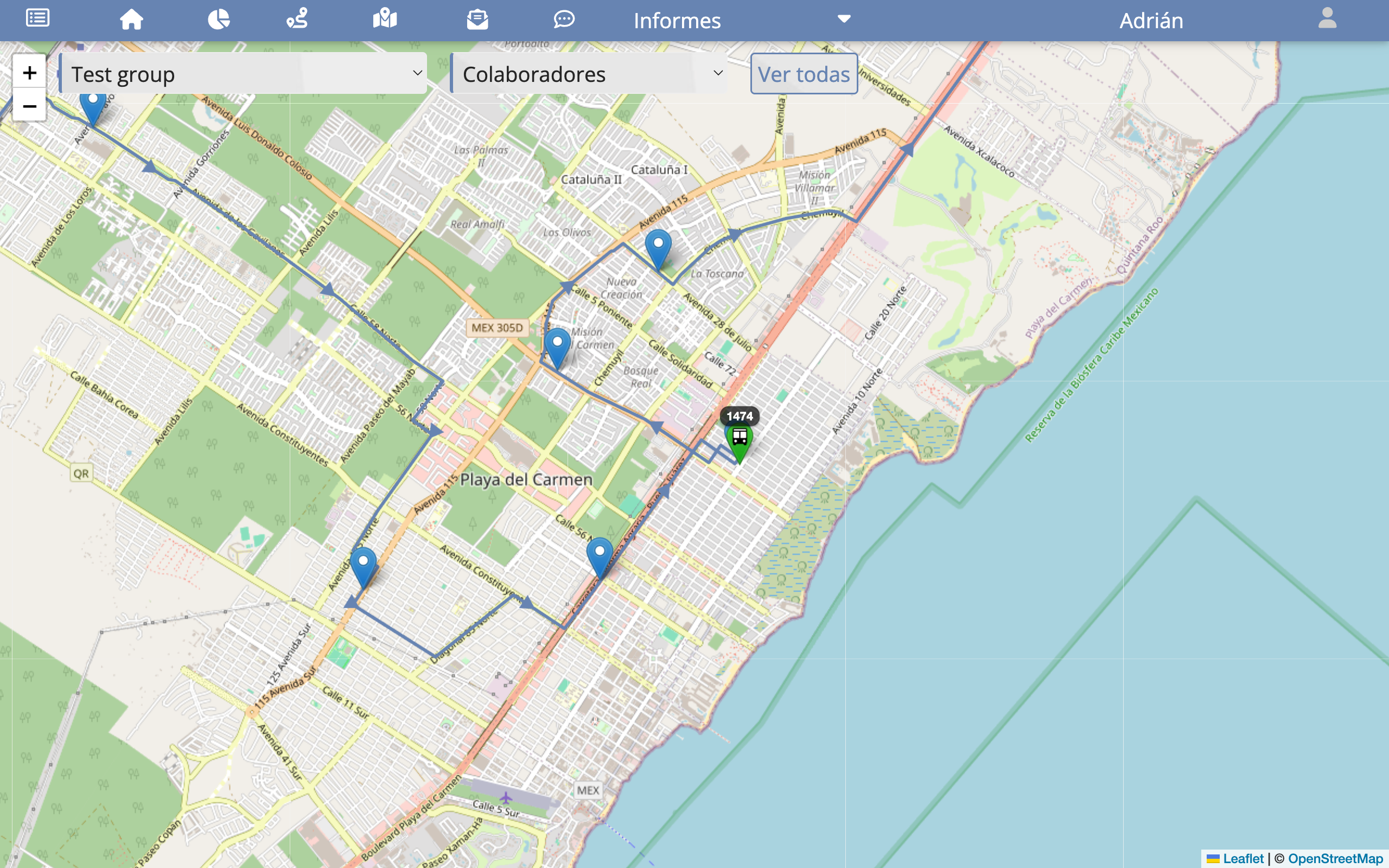 Map visualizer which is updated in real time, showing the unit position and stops marker