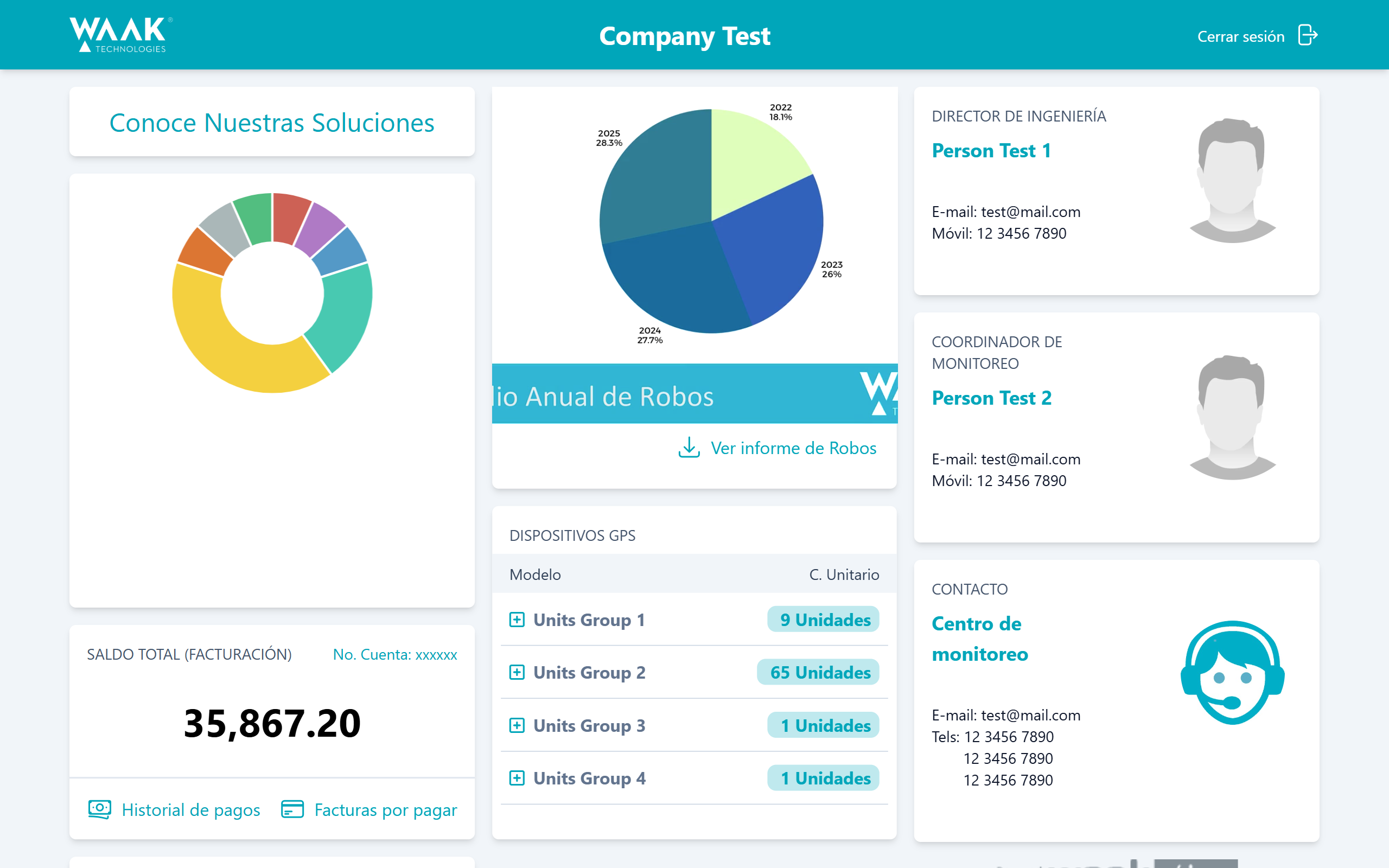 Admin dashboard with units and equipment metrics, total balance and support contact information