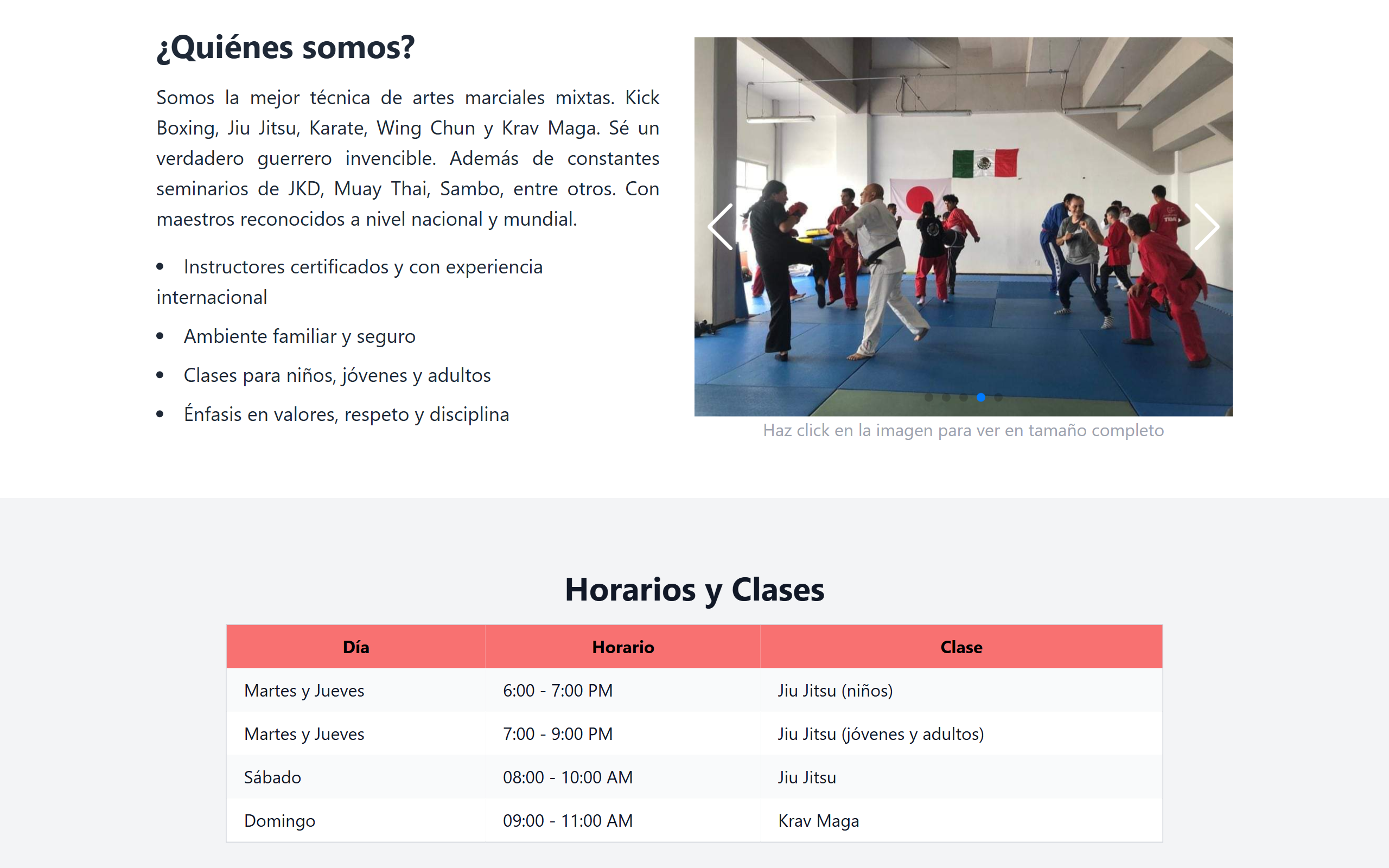 Classes and schedule information with interactive images slideshow