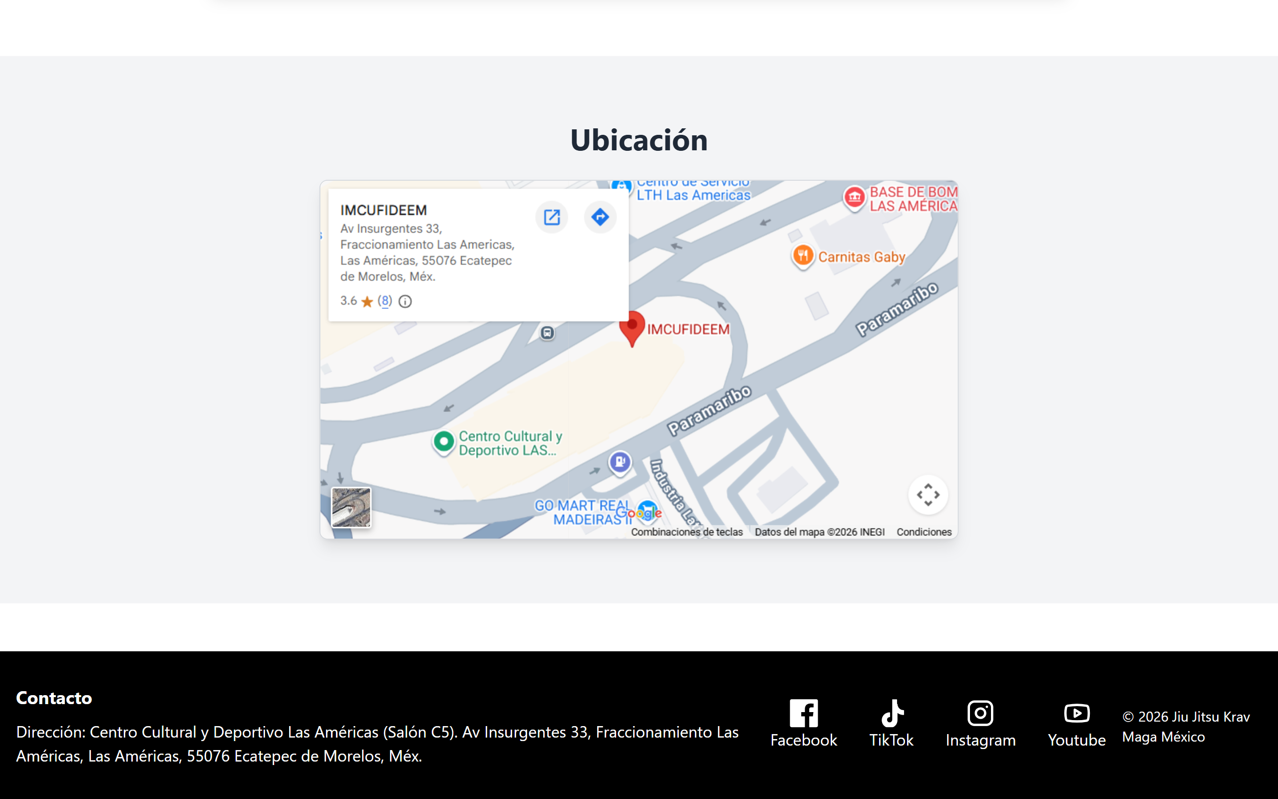 Contact information with Google Maps integration and social media links