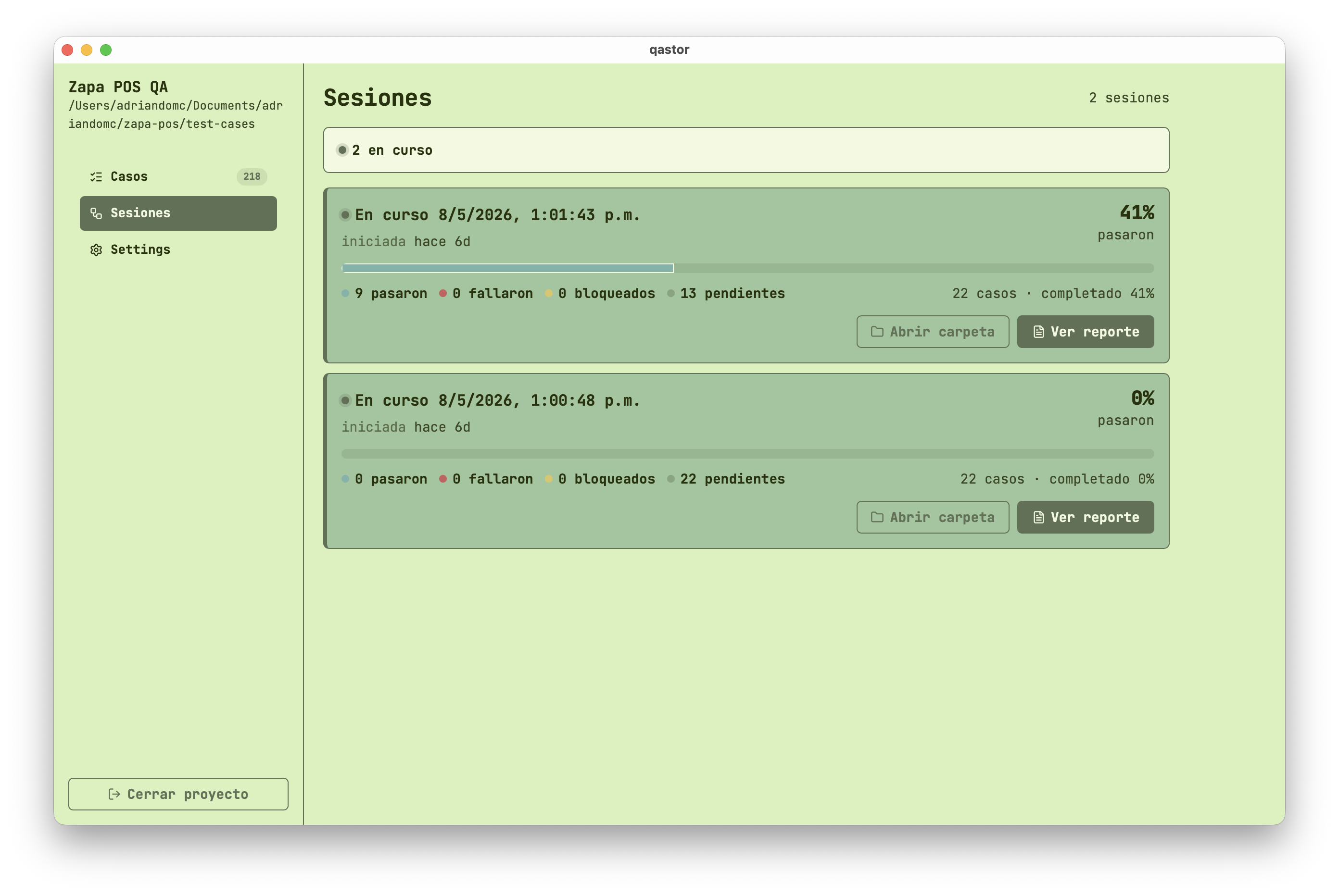Sessions manager with history and session progress