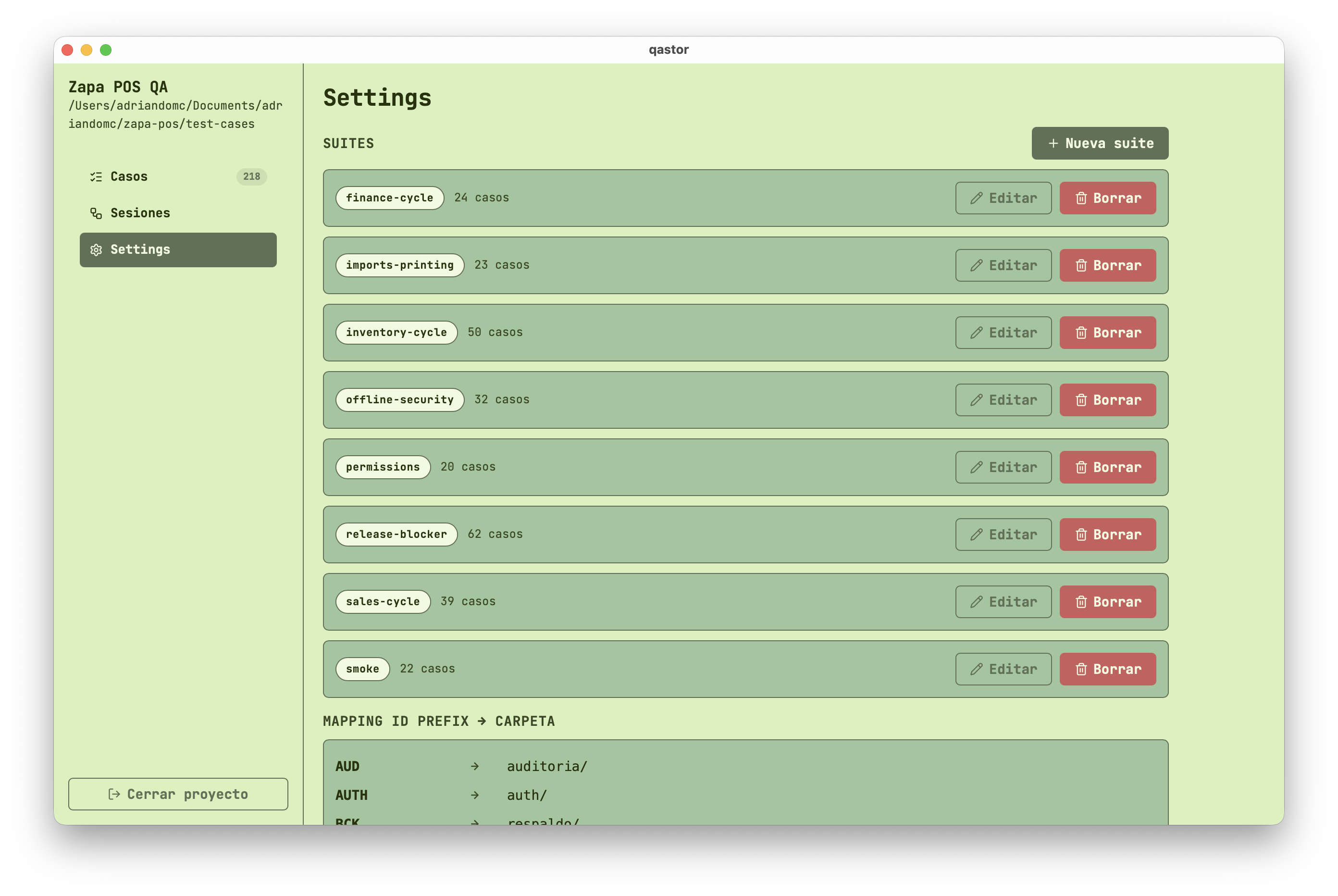 Settings page for test suites creation