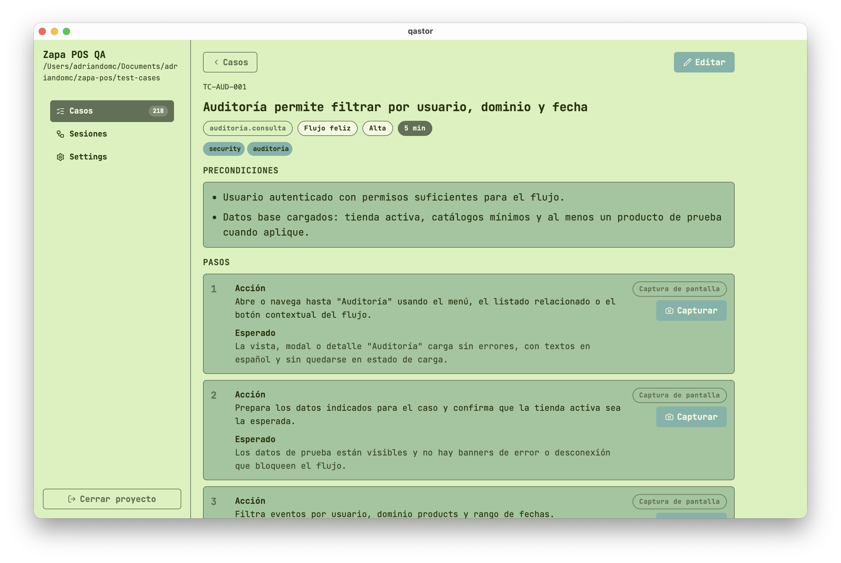 Test case detail with steps to reproduce and gather evidences