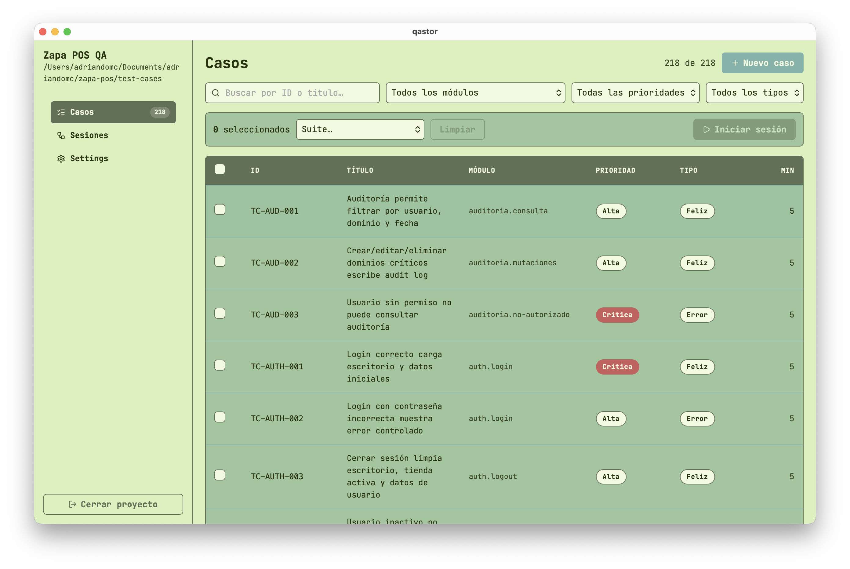 List of test cases with their information and attributes