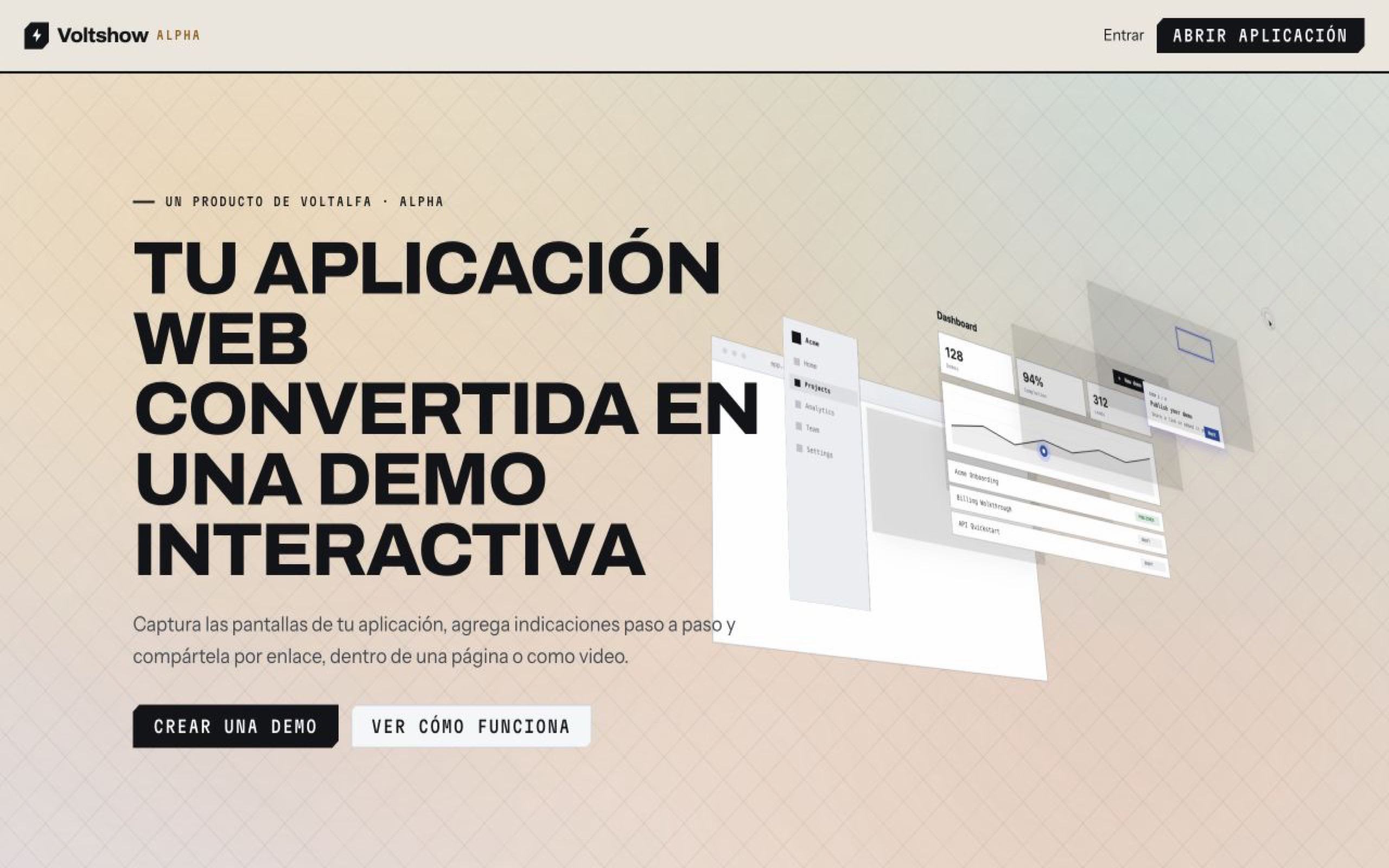 Voltshow landing page for creating interactive product demos