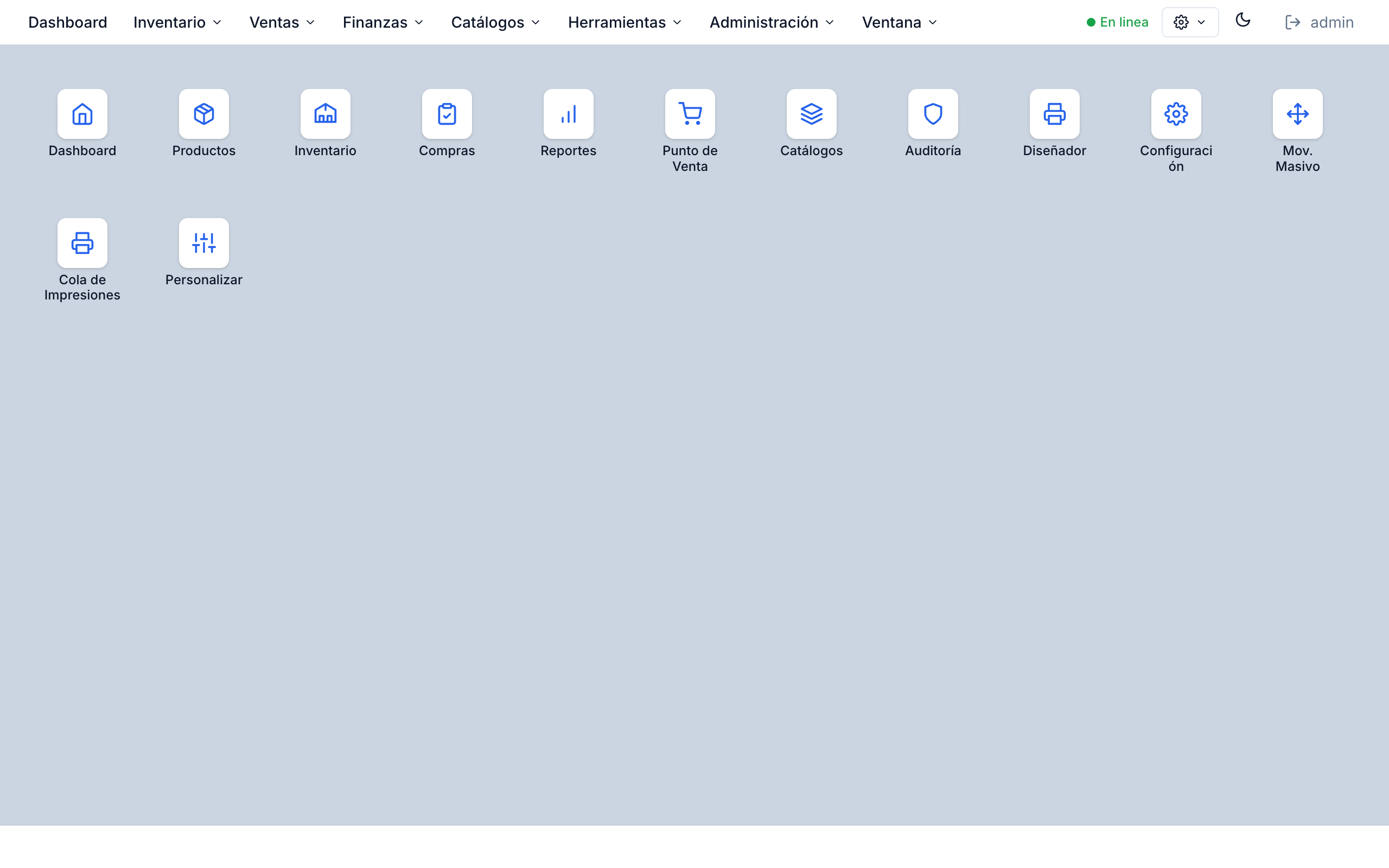 Admin desktop view with quick shortcuts and status and navigation bars