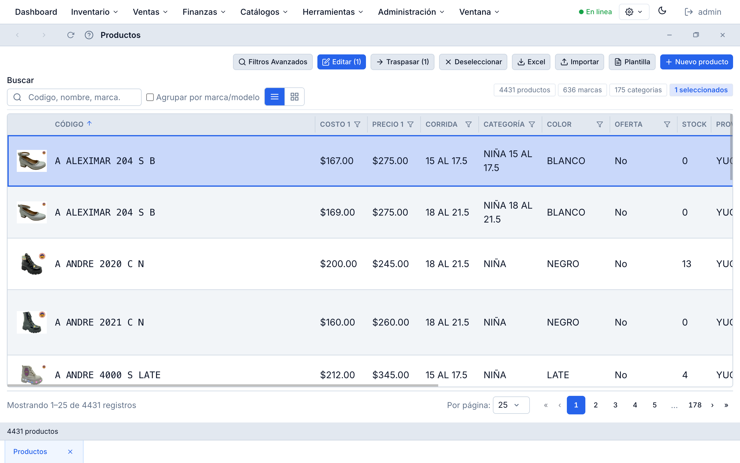 Products list view with bulk import, editing and advanced filters/sorting accessible from the column headers